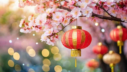 Foto auf Alu-Dibond Chinese new year celebration in Asia. Pink, red and golden lantern on Japanese sakura tree.  Background with glitter and bokeh lights.  © Arda ALTAY