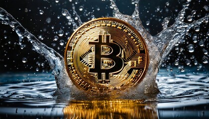 golden bitcoin coin with water splash crypto currency background concept