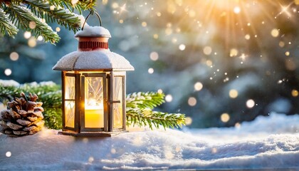 christmas lantern on snow with fir branch in the sunlight winter decoration background