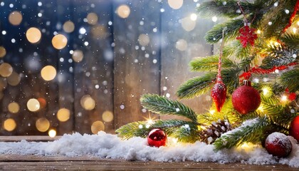 christmas holiday background with snow fir tree and decorations with christmas light behind