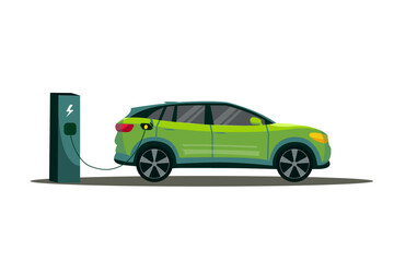 Vector green electric car charging, charging station concept. Vector cartoon flat elements