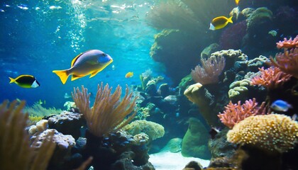 Naklejka na ściany i meble tropical sea underwater fishes on coral reef aquarium oceanarium wildlife colorful marine panorama landscape nature snorkeling diving