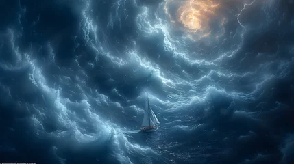 Poster A mind in turmoil as a raging storm at sea, where lightning strikes represent sudden ideas and towering waves embody overwhelming emotions © JKashko