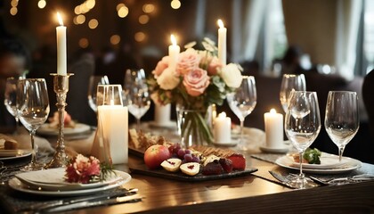 Obraz na płótnie Canvas elegant and select wedding decoration restaurant table wine glass and appetizers on the bar table soft light and romantic atmosphere dinner service menue guests candle