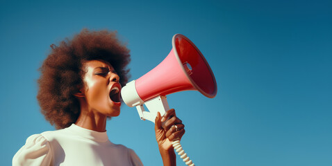 Black woman with a megaphone, blue sky background