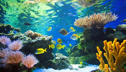 Fototapeta na wymiar tropical sea underwater fishes on coral reef aquarium oceanarium wildlife colorful marine panorama landscape nature snorkeling diving