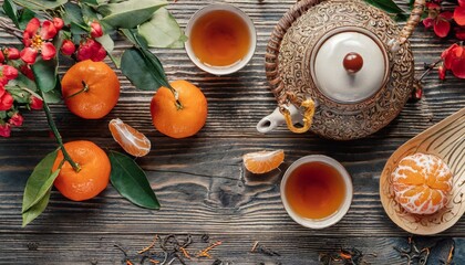Fototapeta na wymiar top view of teapot cups of tea fresh ripe tangerines and traditional chinese decorations on wooden table