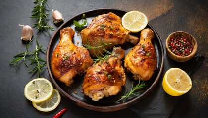 grilled chicken thighs with spices and lemon - obrazy, fototapety, plakaty