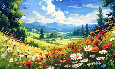 Blooming Alpine Meadow: Summer Landscape with Mountains