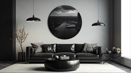 Modern black leather sofa set against a wall with round artwork. AI-generated.