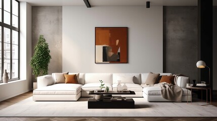Contemporary living room features an abstract painting above a white sectional sofa. AI-generated.