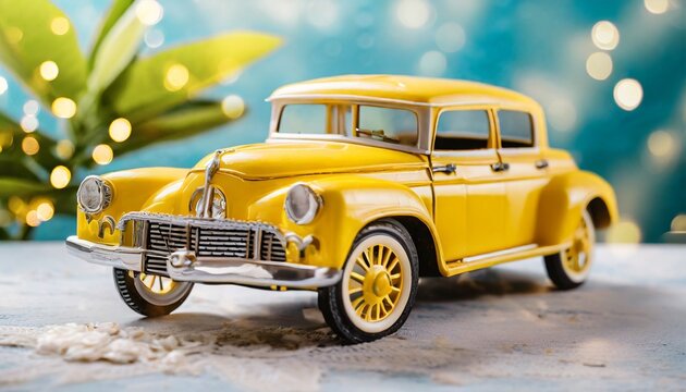 yellow toy retro car on background