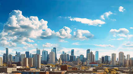 An aerial view captures the bustling cityscape from above on a bright
