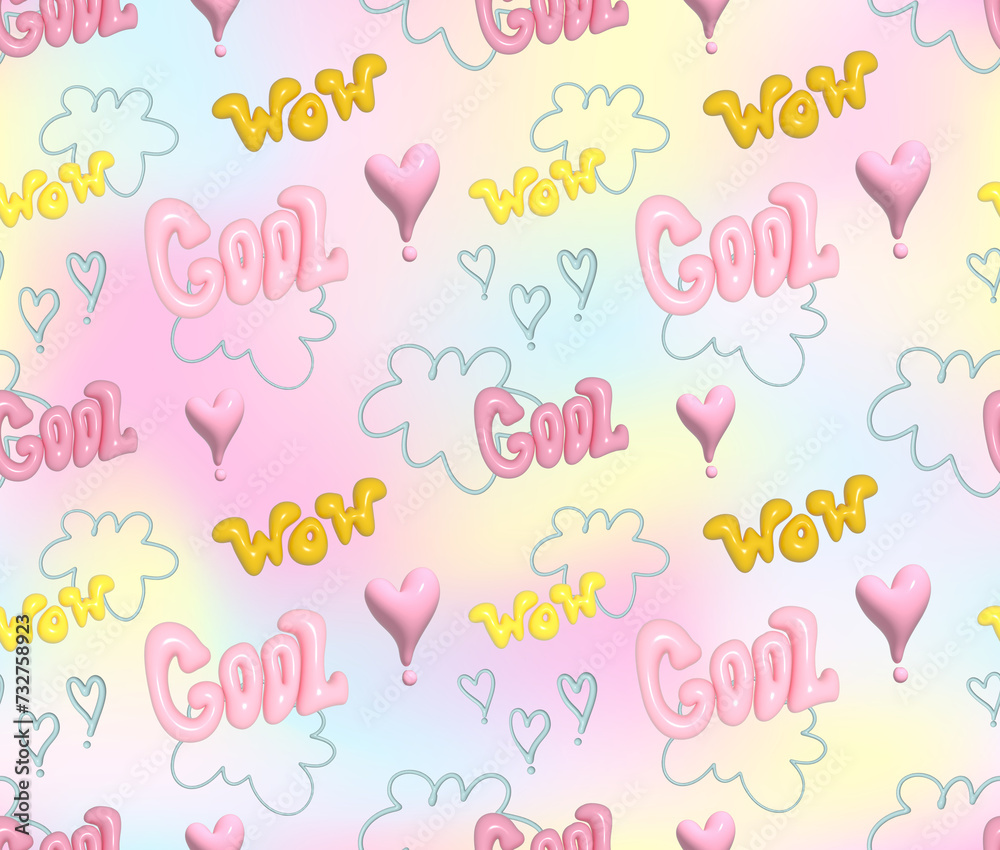 Wall mural 3d seamless pattern with clouds, hearts, text wow, cool. 70s groovy style. Cute dream baby ornament on tenderness gradient ornament, childish texture