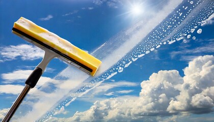 rubber squeegee cleans a soaped window and clears a stripe of blue sky with clouds concept for tranparency or spring cleaning copy space in the background