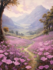Plateau Art Print: Overlooking Blooming Lilac Fields, Nature Art, Vintage Painting