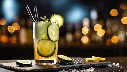 cocktail with cucumber on a bar counter in a night club