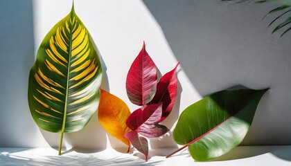 creative layout of colorful riskus leaves on a white background in the rays of the sun with shadows minimal summer exotic concept with copy space