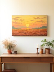 Prairie Wall Art: Golden Sunset Landscape Vintage Scene for Countryside Decor