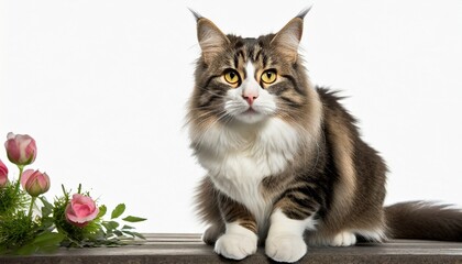 front view of a norwegian forest cat sitting looking at the camera on white