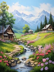 Quaint Alpine Village Riverside Painting: Serene Village Stream & Scenic Prints