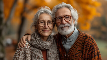 elderly couple walking in the park. portrait of an elderly couple in the park. 