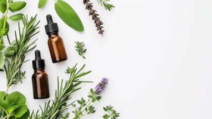 Overhead view of a neatly organized assortment of essential oil bottles with droppers, surrounded by fresh green herbs and flowers on a white background, symbolizing natural wellness and skincare