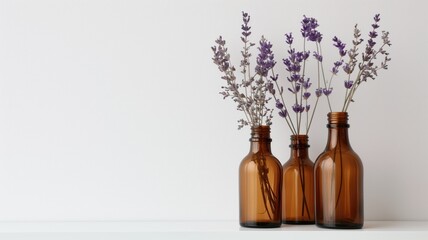 Three brown glass bottles with lavender sprigs on a white surface against a plain background