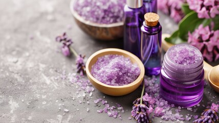 Fototapeta na wymiar Spa concept with purple bath salts, essential oils, and fresh lilac flowers