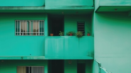 A residential building with green walls and balconies adorned with potted plants under an overcast sky