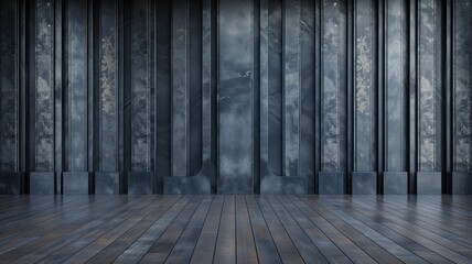 A room with dark vertical panels and a wooden floor, creating a dramatic and elegant space that can serve as a background for various uses - obrazy, fototapety, plakaty