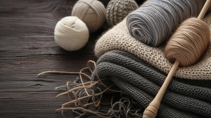 Cozy knitting materials with wool yarn balls and knitted fabric on a wooden surface, suggesting a warm, handcrafted activity - obrazy, fototapety, plakaty