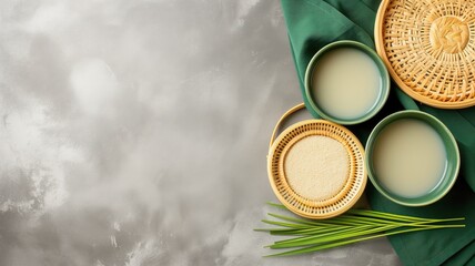 Traditional Asian rice and milk in ceramic bowls with a bamboo mat and green leaves on a grey background