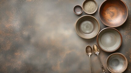 Arrangement of rustic ceramic dishes and spoons