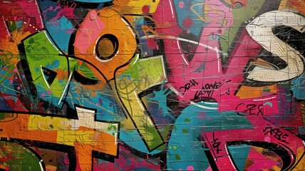 Graffiti artwork with a mix of vibrant colors and abstract shapes on a textured wall