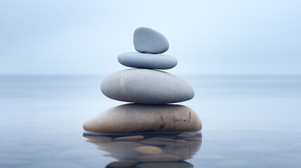 Fototapeta na wymiar Stack of smooth pebbles in shallow water on the seaside, pebble cairn. Stone stack in a calm misty ocean. Peaceful meditative mood. Beautiful, quiet seascape.