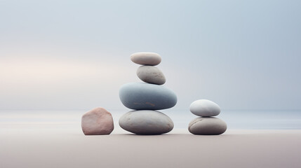 Pebble cairns, stacks of smooth pebbles on the seaside. Stone stacks on the sand beach near a calm misty ocean. Beautiful, quiet seascape. Peaceful meditative mood. Copy space.
