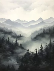 Papier Peint photo Lavable Forêt dans le brouillard Misty-Enveloped Mountain Peaks: Rolling Hills Art - A Foggy Landscape with Nature's Tranquility