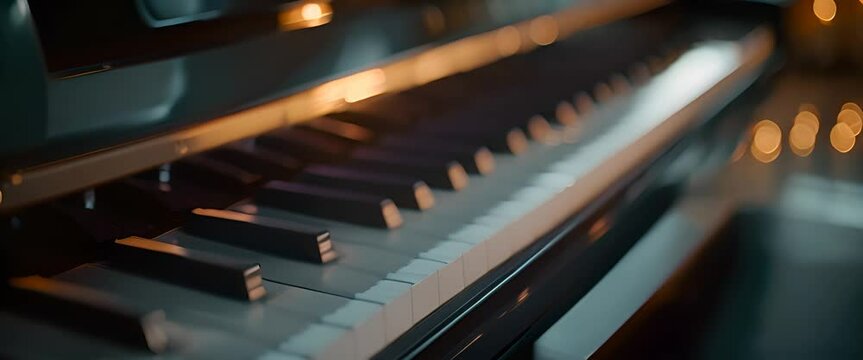 piano keys close up, timeless beauty of a grand piano, showcasing the sleek contrast between the ebony and ivory keys, soft ambient lighting highlights the glossy surface