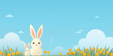 Happy Easter Day  illustration background,Easter bunny with eggs,Colorful Easter eggs decorated with grass and flowers,copyspace for text against the minimal skybackdrop