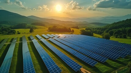 A solar park in the beautiful countryside on a sunny day. Generative AI.