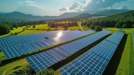 A solar park in the beautiful countryside on a sunny day. Generative AI.