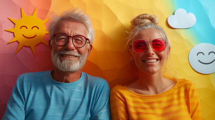 Happy couple with diverse eyewear smiling on yellow background