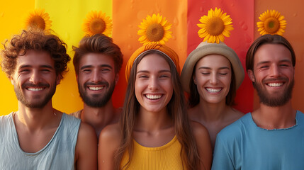 Happy community with sunflowers in hair smiling in yellow and orange tshirts