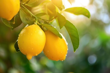 Close up of lemons on a lemon tree in orchard in the morning banner	