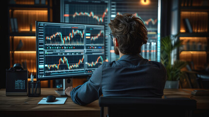 A young man sits at a monitor and thinks in a modern office. Focus on monitor Financial Charts and Graphs. Generative AI.