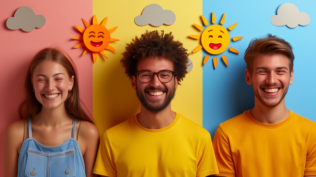 A group of people are smiling in front of a colorful background with suns and clouds