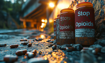 Vivid Conceptual Image of Stop Opioids Message on Pill Bottles Amidst Scattered Capsules on Pavement, Highlighting Drug Abuse Problem - obrazy, fototapety, plakaty