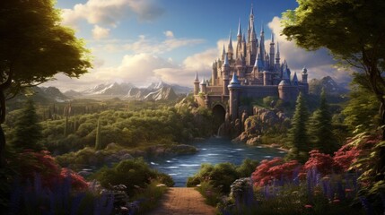 Enchanted fairytale castle in magical landscape with blossoms. Fantasy world illustration.