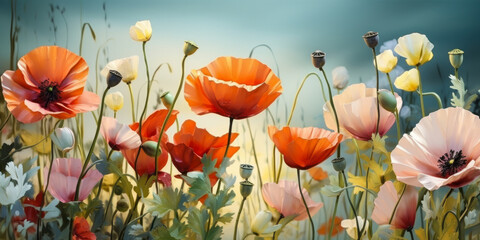 Vibrant Spring and Summer Fusion: Close-up of Colorful Poppy Flowers in Nature's Brilliance